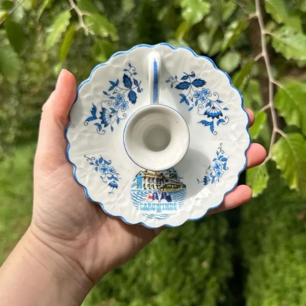 Vintage Porcelain Blue White Chamberstick Candle Holder Carowinds Amusement Park